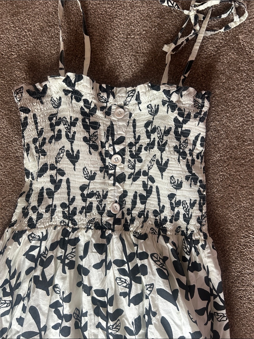 Smocked Floral Midi Dress in White and Black - Picture 2 of 4